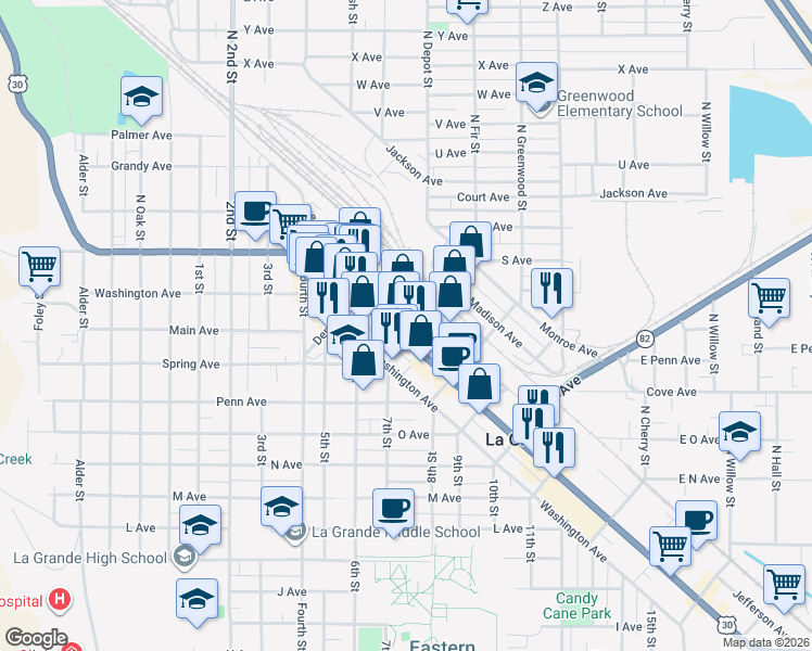 map of restaurants, bars, coffee shops, grocery stores, and more near 1407 Adams Avenue in La Grande