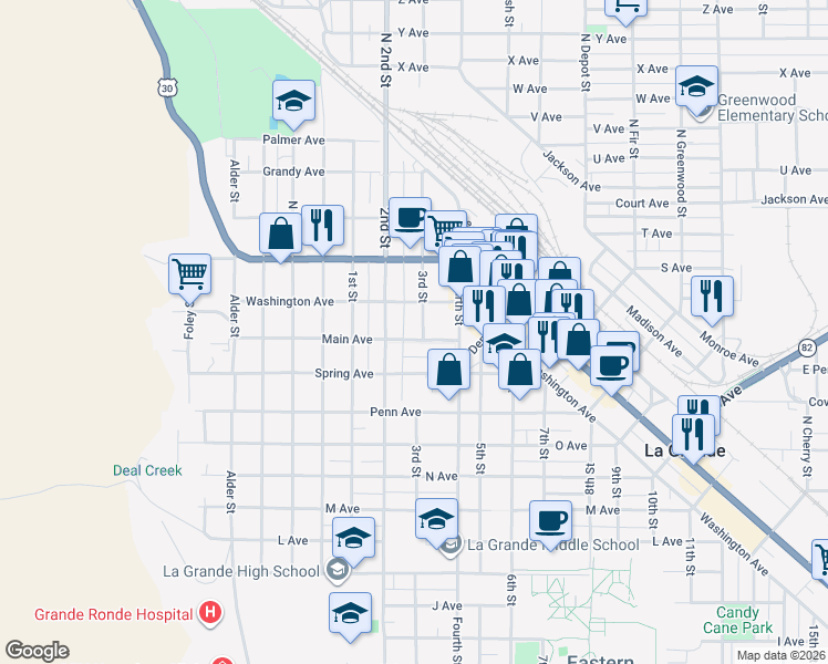 map of restaurants, bars, coffee shops, grocery stores, and more near 901 Washington Avenue in La Grande