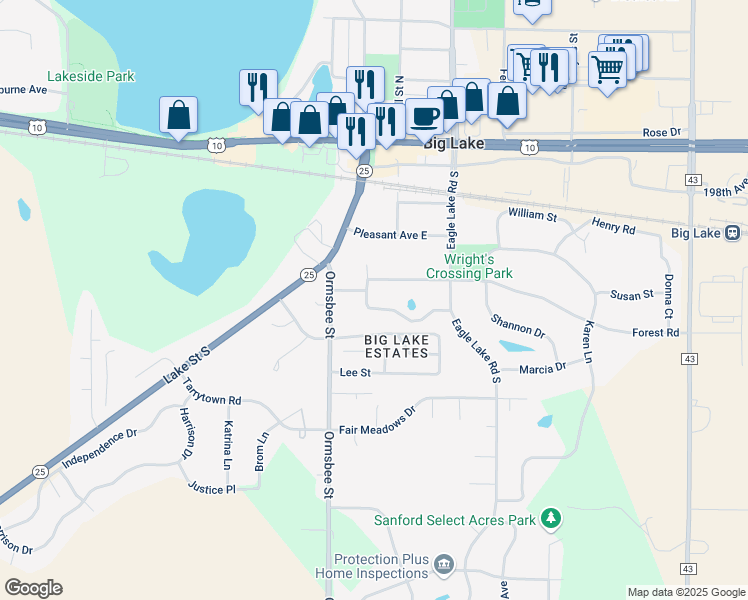 map of restaurants, bars, coffee shops, grocery stores, and more near 20 Oak Lane in Big Lake