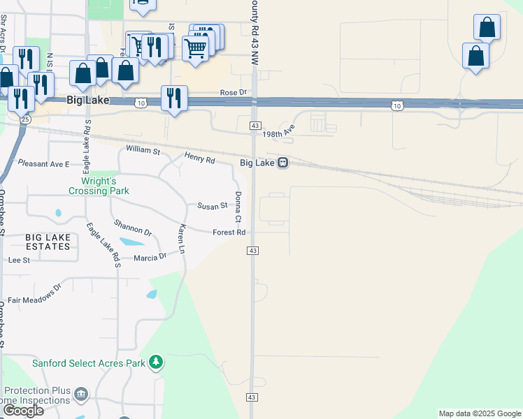 map of restaurants, bars, coffee shops, grocery stores, and more near 325 Donna Court in Big Lake