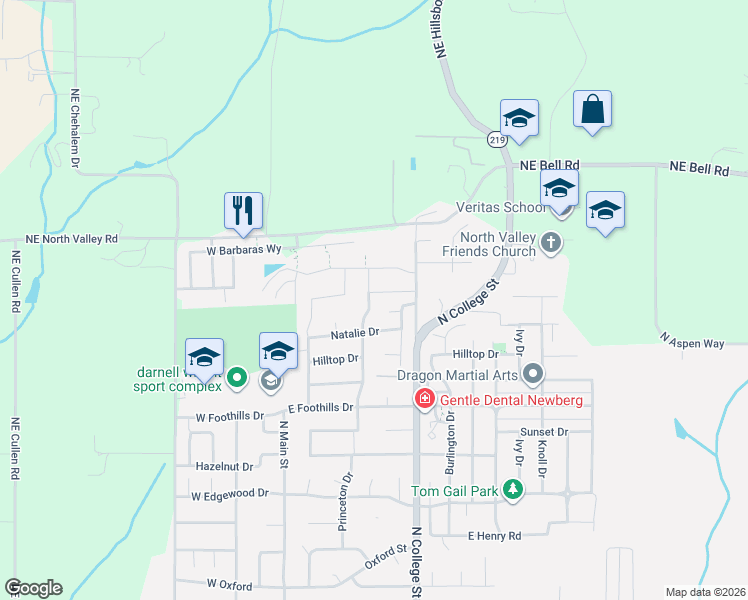 map of restaurants, bars, coffee shops, grocery stores, and more near 3872 Morris Street in Newberg