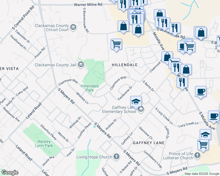 map of restaurants, bars, coffee shops, grocery stores, and more near 13251 Wassail Lane in Oregon City