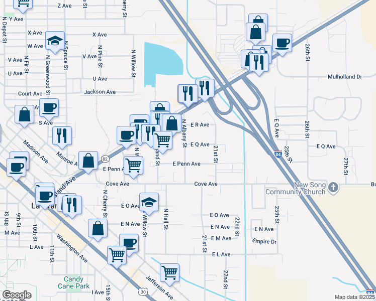 map of restaurants, bars, coffee shops, grocery stores, and more near 1701 East Q Avenue in La Grande