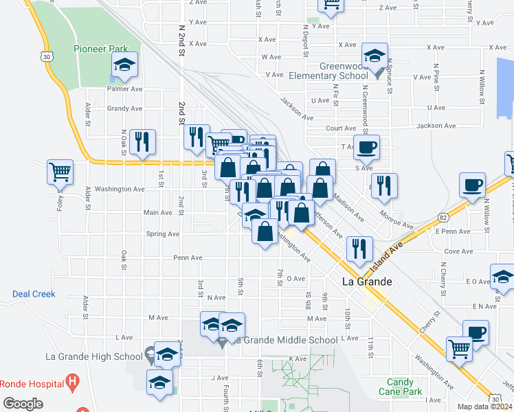 map of restaurants, bars, coffee shops, grocery stores, and more near 1120 Adams Avenue in La Grande