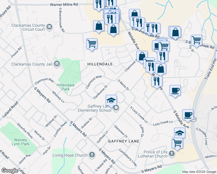 map of restaurants, bars, coffee shops, grocery stores, and more near 13371 Chippendale Lane in Oregon City
