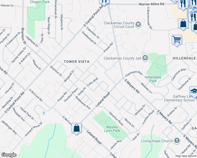 map of restaurants, bars, coffee shops, grocery stores, and more near 19125 Silver Salmon Drive in Oregon City