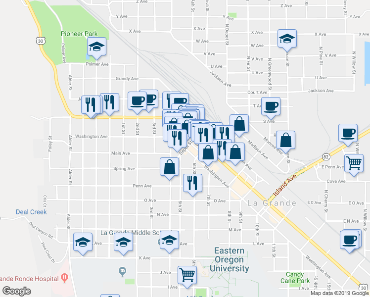 map of restaurants, bars, coffee shops, grocery stores, and more near 99 Depot Street in La Grande