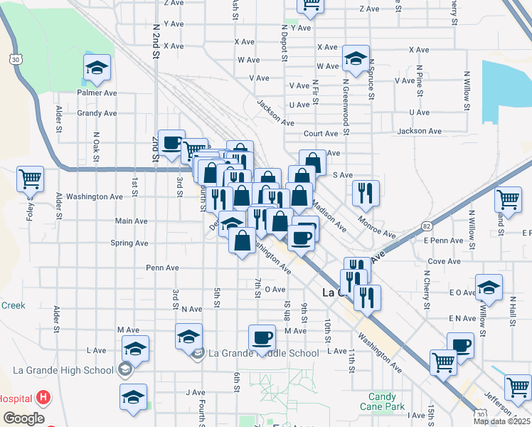 map of restaurants, bars, coffee shops, grocery stores, and more near 1309 Adams Avenue in La Grande