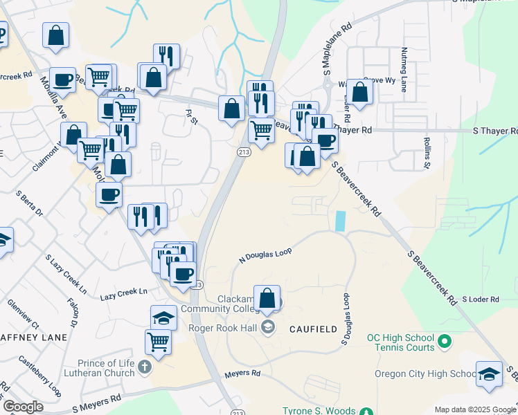 map of restaurants, bars, coffee shops, grocery stores, and more near 14290 Marjorie Lane in Oregon City