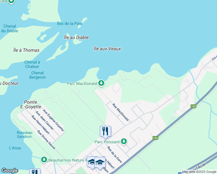 map of restaurants, bars, coffee shops, grocery stores, and more near 105 Rue Faubert in Beauharnois