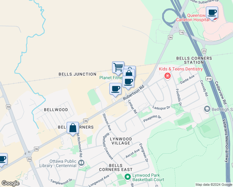 map of restaurants, bars, coffee shops, grocery stores, and more near in Ottawa
