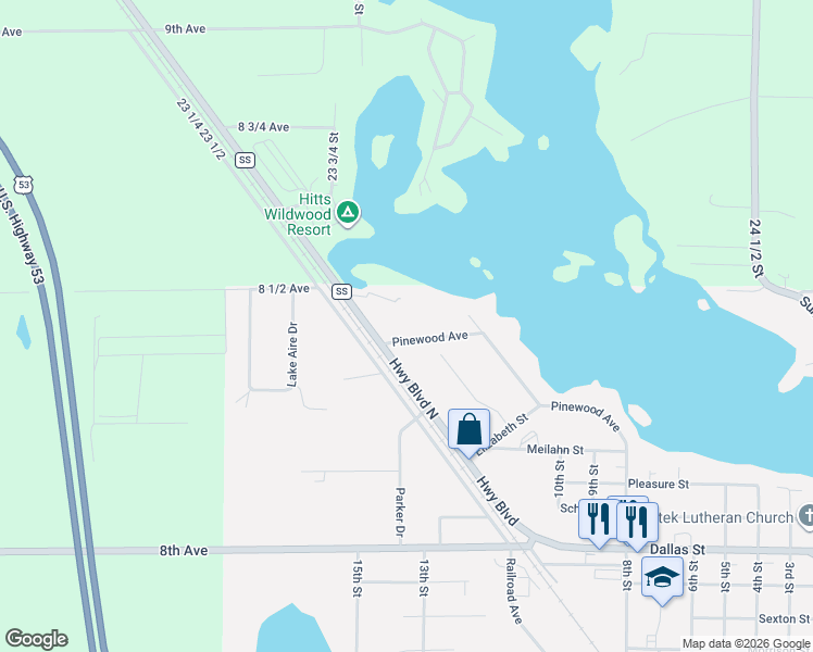 map of restaurants, bars, coffee shops, grocery stores, and more near 1950 Highway Boulevard North in Chetek