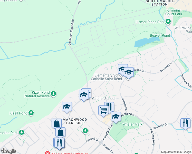 map of restaurants, bars, coffee shops, grocery stores, and more near 15 Kanata Rockeries Private in Ottawa