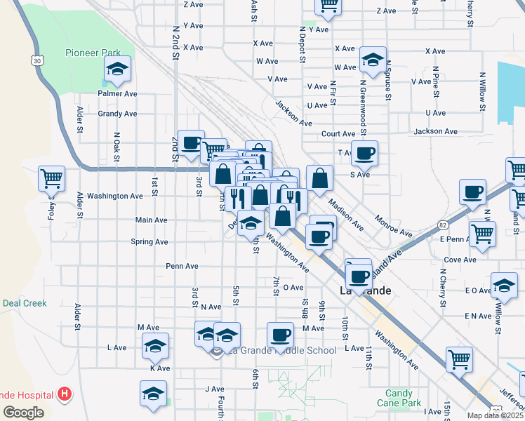 map of restaurants, bars, coffee shops, grocery stores, and more near 1209 Adams Avenue in La Grande