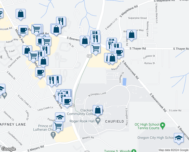 map of restaurants, bars, coffee shops, grocery stores, and more near 14290 Marjorie Lane in Oregon City