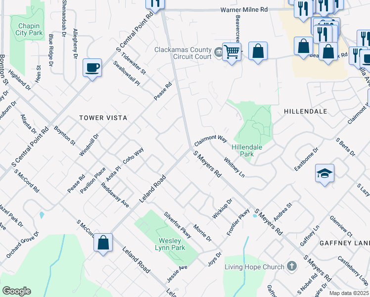 map of restaurants, bars, coffee shops, grocery stores, and more near 19230 Leland Road in Oregon City
