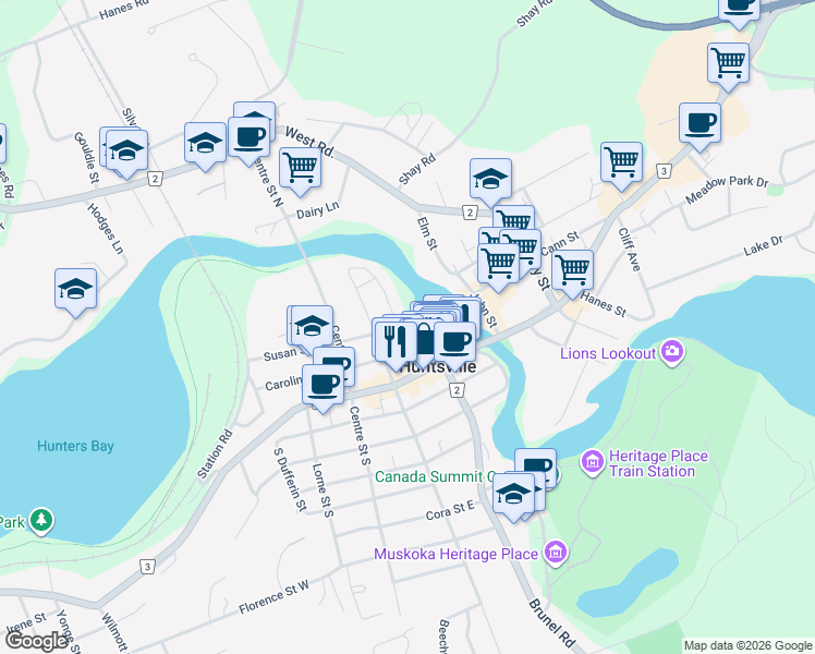 map of restaurants, bars, coffee shops, grocery stores, and more near 10 King Street in Huntsville