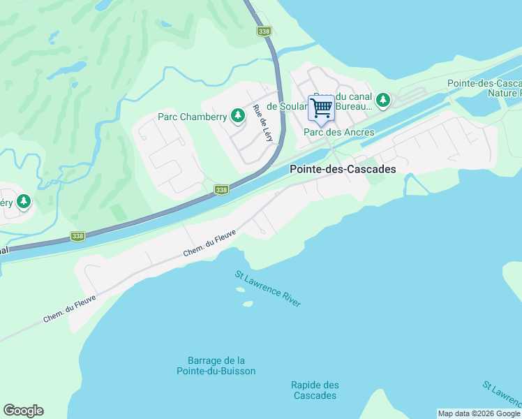 map of restaurants, bars, coffee shops, grocery stores, and more near Chemin du Fleuve in Pointe-des-Cascades