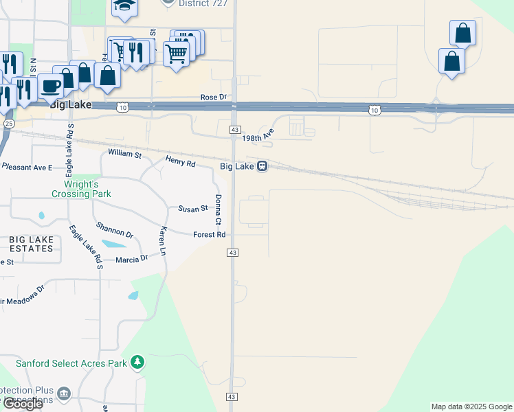 map of restaurants, bars, coffee shops, grocery stores, and more near 19560 Station Street Northwest in Big Lake