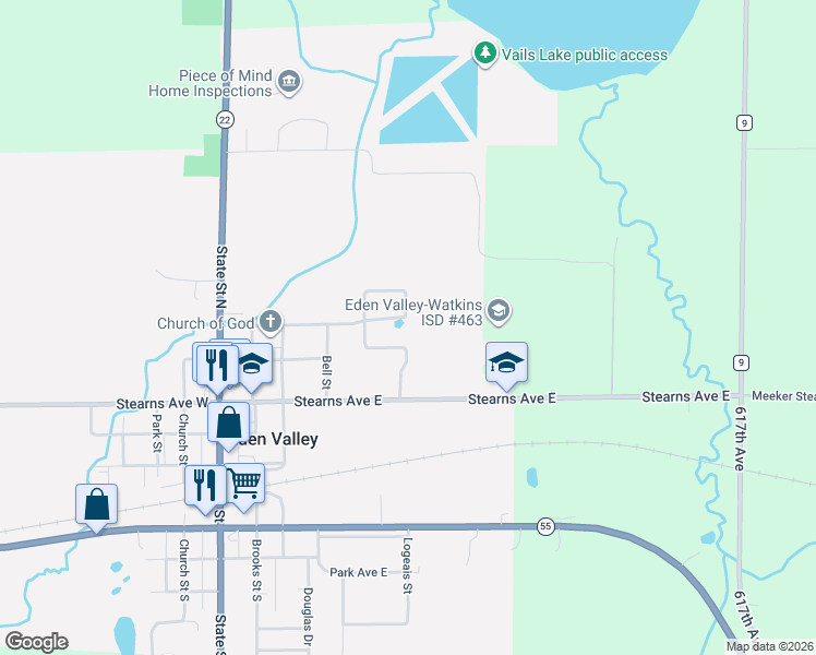 map of restaurants, bars, coffee shops, grocery stores, and more near 600 Meadowlark Lane in Eden Valley
