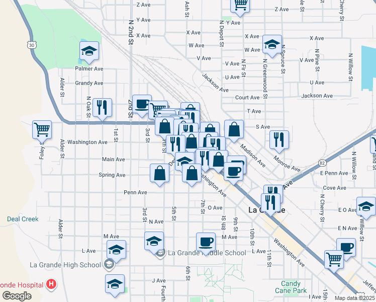 map of restaurants, bars, coffee shops, grocery stores, and more near 1120 Adams Avenue in La Grande