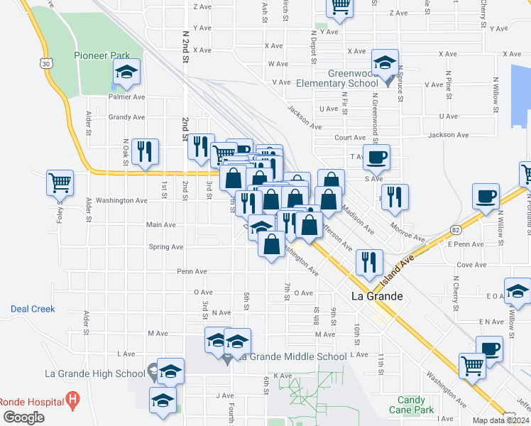 map of restaurants, bars, coffee shops, grocery stores, and more near 1120 Adams Avenue in La Grande