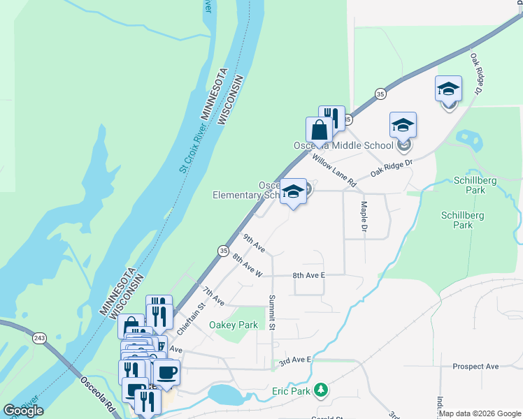 map of restaurants, bars, coffee shops, grocery stores, and more near 907 North Cascade Street in Osceola