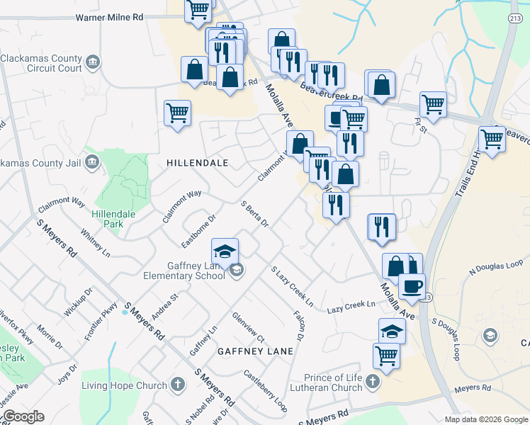 map of restaurants, bars, coffee shops, grocery stores, and more near 13609 Gaffney Lane in Oregon City