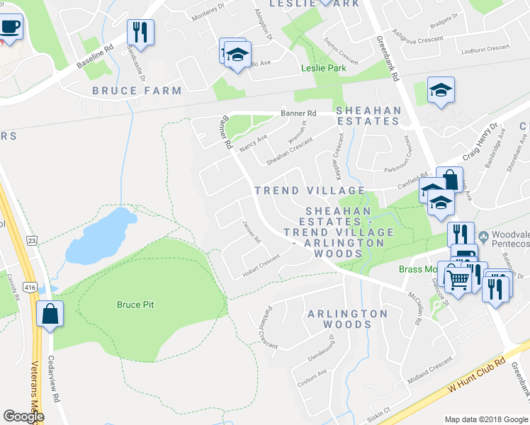 map of restaurants, bars, coffee shops, grocery stores, and more near 123 McClellan Road in Ottawa