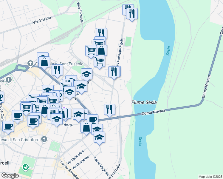 map of restaurants, bars, coffee shops, grocery stores, and more near 22 Viale Alessandro Volta in Vercelli