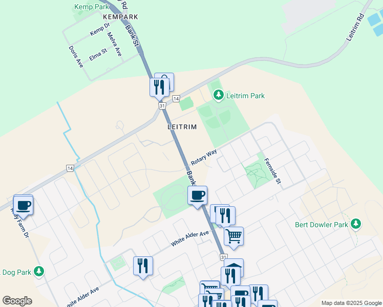 map of restaurants, bars, coffee shops, grocery stores, and more near 4603 Bank Street in Ottawa
