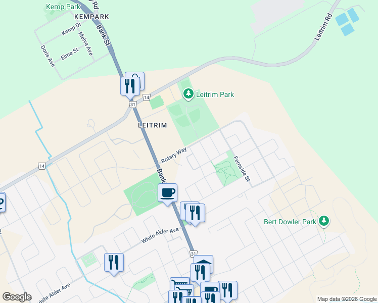 map of restaurants, bars, coffee shops, grocery stores, and more near 109 Fairweather Street in Ottawa