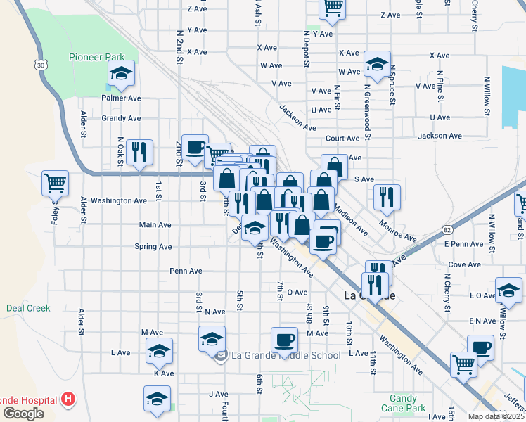 map of restaurants, bars, coffee shops, grocery stores, and more near 1209 Adams Avenue in La Grande