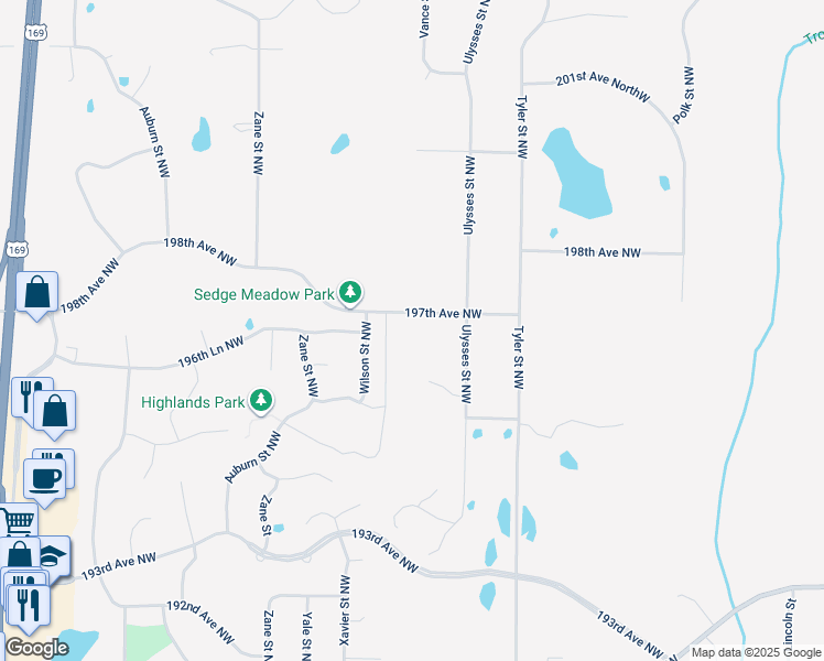 map of restaurants, bars, coffee shops, grocery stores, and more near 10950 197th Avenue Northwest in Elk River