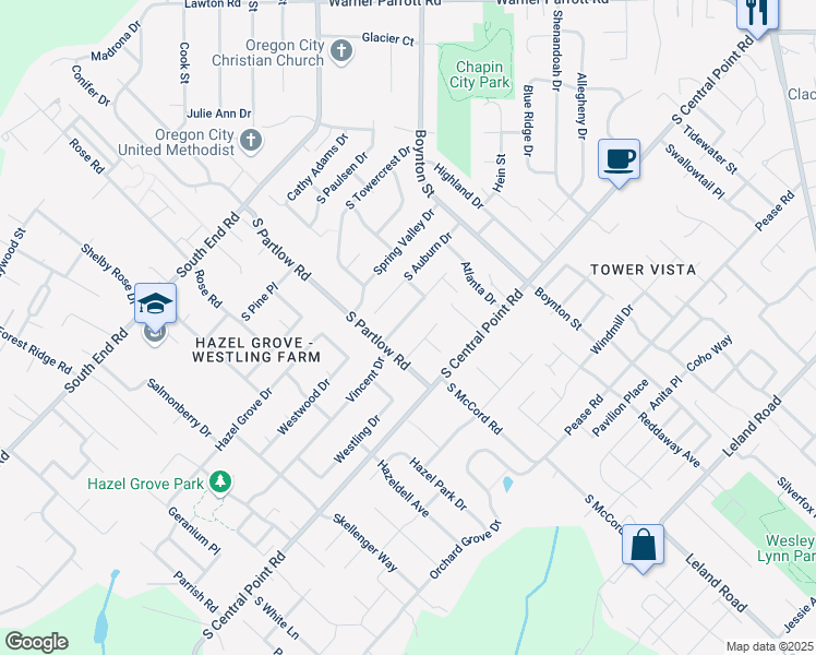 map of restaurants, bars, coffee shops, grocery stores, and more near 19340 Vincent Drive in Oregon City