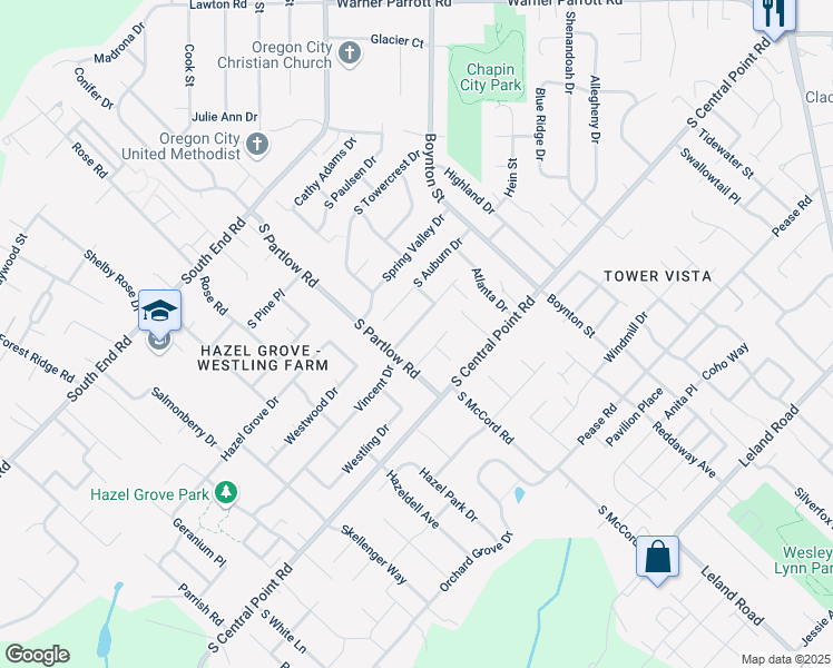 map of restaurants, bars, coffee shops, grocery stores, and more near 19340 Vincent Drive in Oregon City