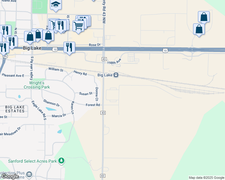 map of restaurants, bars, coffee shops, grocery stores, and more near 19560 Station Street Northwest in Big Lake