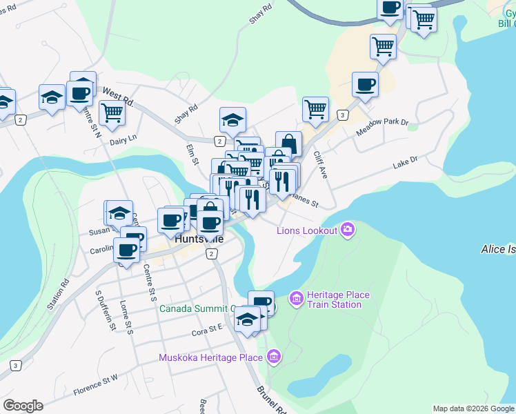 map of restaurants, bars, coffee shops, grocery stores, and more near 108 Main Street East in Huntsville