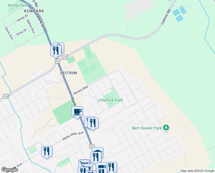 map of restaurants, bars, coffee shops, grocery stores, and more near 330 Laguna Street in Ottawa