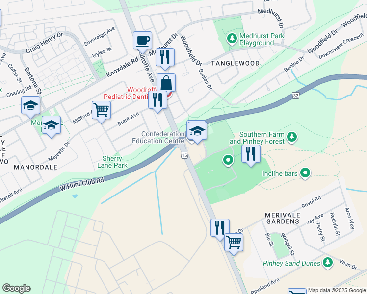 map of restaurants, bars, coffee shops, grocery stores, and more near Ottawa 15 in Ottawa