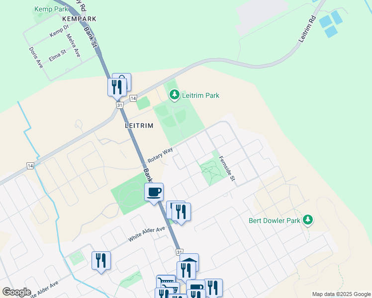 map of restaurants, bars, coffee shops, grocery stores, and more near 211 Kingswell Street in Ottawa