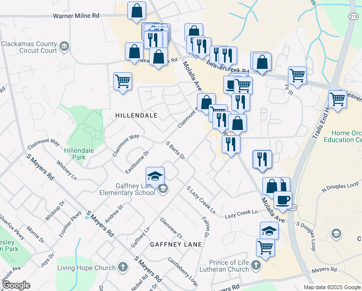 map of restaurants, bars, coffee shops, grocery stores, and more near 13609 Gaffney Lane in Oregon City