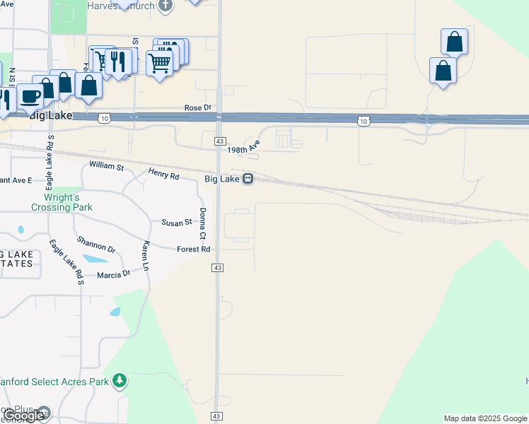 map of restaurants, bars, coffee shops, grocery stores, and more near Station Street Northwest in Big Lake