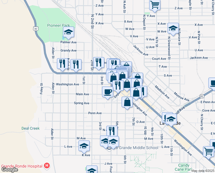 map of restaurants, bars, coffee shops, grocery stores, and more near 1008 Adams Avenue in La Grande