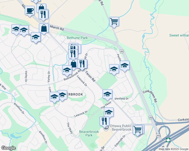 map of restaurants, bars, coffee shops, grocery stores, and more near 115 Rutherford Court in Ottawa