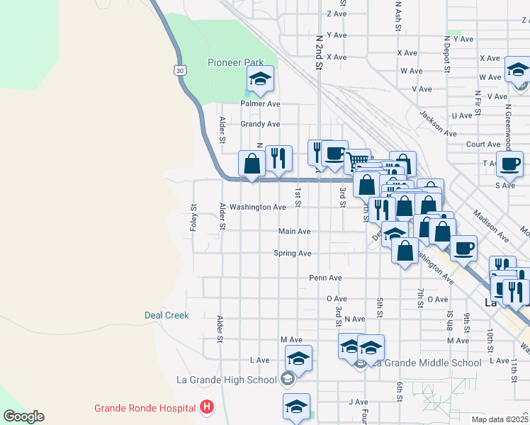 map of restaurants, bars, coffee shops, grocery stores, and more near 602 Washington Avenue in La Grande