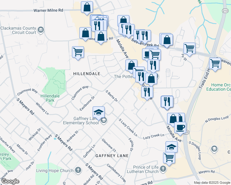 map of restaurants, bars, coffee shops, grocery stores, and more near 13609 Gaffney Lane in Oregon City