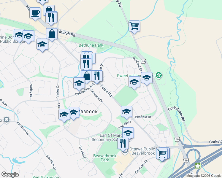 map of restaurants, bars, coffee shops, grocery stores, and more near 104 Rutherford Way in Ottawa