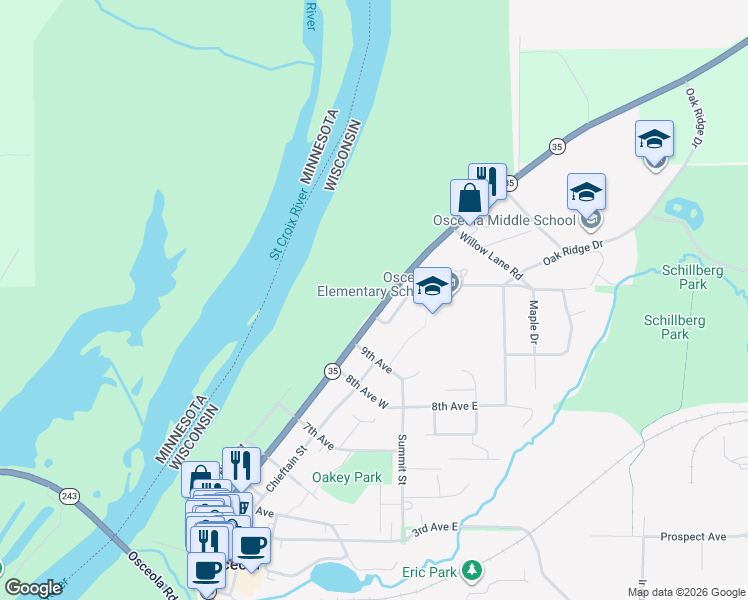 map of restaurants, bars, coffee shops, grocery stores, and more near 907 North Cascade Street in Osceola