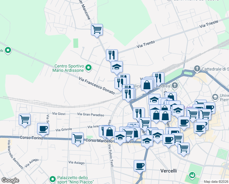 map of restaurants, bars, coffee shops, grocery stores, and more near 7 Via Francesco Donato in Vercelli